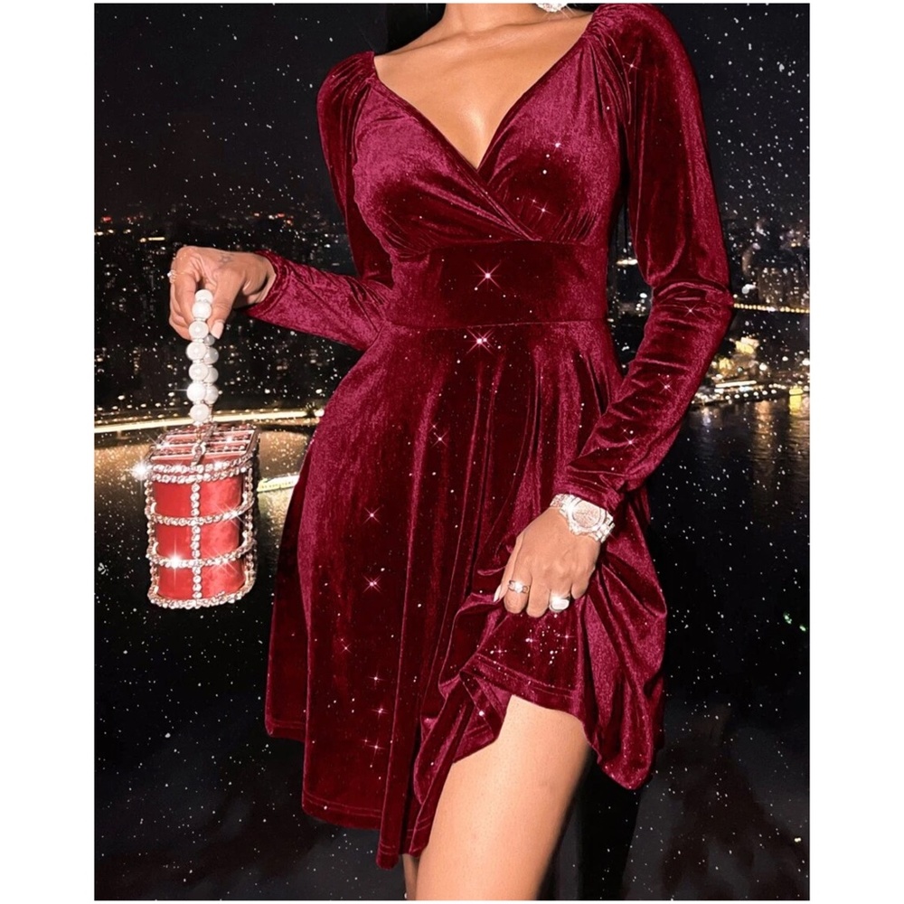 Luxe Surplice Velvet Long Sleeve Party Evening Dress - Picture 1 of 11